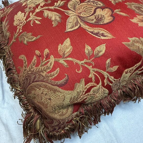 Vintage Red Floral Jacquard Decorative Pillow with Gold Embroidery & Fringe - Picture 4 of 4